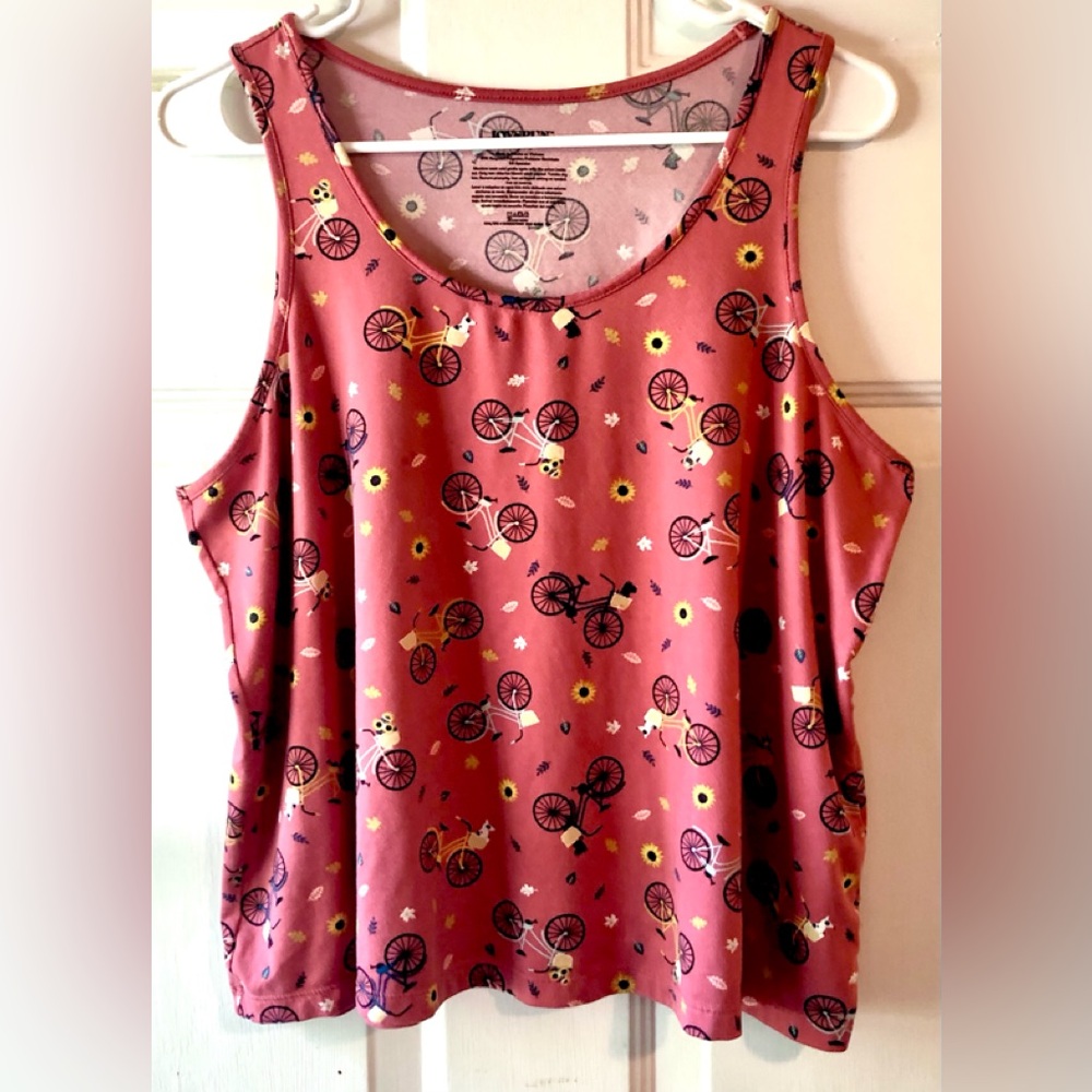 Joyspun Clay Pink Bicycle Dogs Sunflower Leaf Print Knit Tank Top Large 12 14